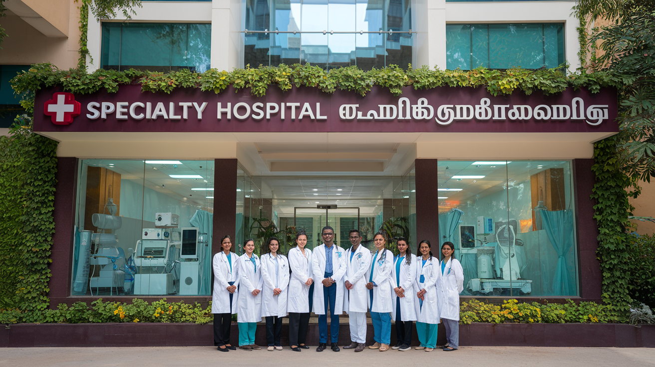 Create a realistic image of a modern hospital building in Tamil Nadu with a sign displaying "Specialty Hospital" in both English and Tamil, surrounded by lush greenery, with a diverse group of Indian medical professionals (both male and female) in white coats standing at the entrance, medical equipment visible through glass windows, and a clean, welcoming atmosphere under bright daylight.