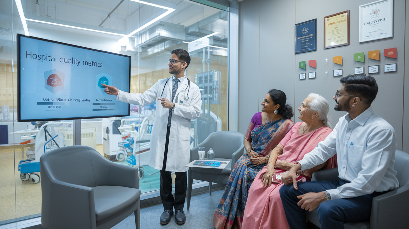 Create a realistic image of a professional Indian doctor in a white coat explaining hospital quality metrics on a digital screen to a Tamil family (mother, father, and elderly grandmother) in a modern hospital consultation room, with accreditation certificates visible on the wall, quality rating charts displayed, and medical facilities visible through a glass window in the background.