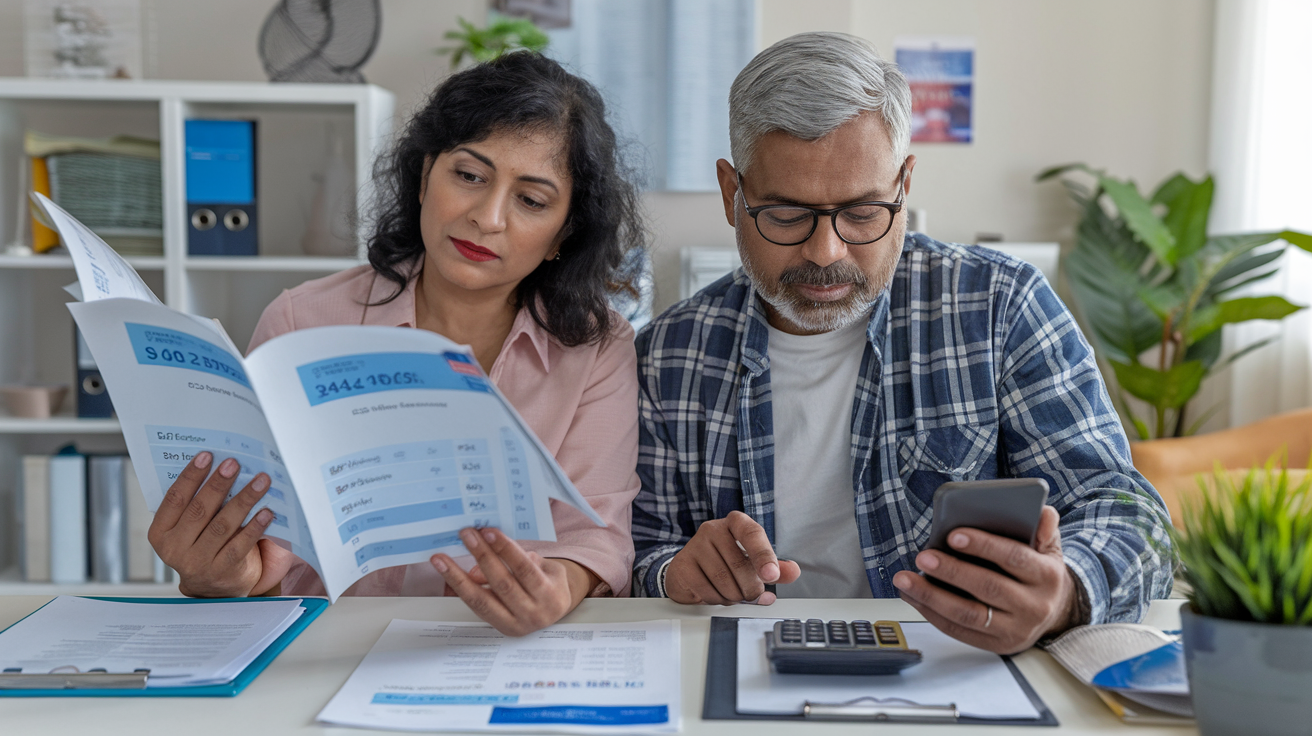 Create a realistic image of a middle-aged Indian couple analyzing medical bills and insurance papers at a desk, with a hospital brochure showing cost comparisons, a calculator, and a smartphone displaying health insurance app, in a well-lit home office setting, conveying careful financial planning for hospital selection in Tamil Nadu.