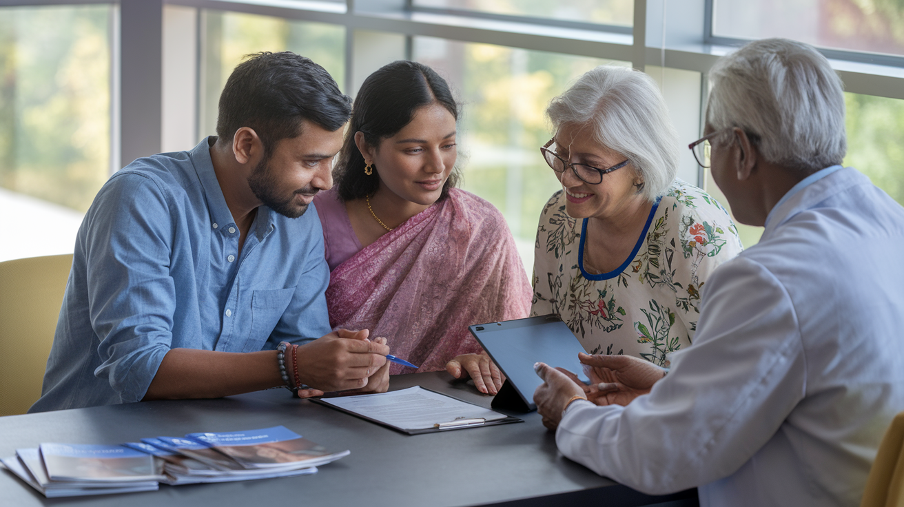 Create a realistic image of an Indian family (man, woman, and elderly parent) sitting in a modern hospital consultation room, reviewing documents and a tablet with a doctor, showing a thoughtful decision-making moment, with hospital brochures visible on the desk, soft natural lighting coming through windows, conveying a sense of careful consideration and final choice.