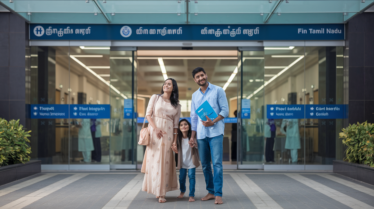 Create a realistic image of a South Asian family (parents and child) standing confidently outside a modern hospital building in Tamil Nadu, looking relieved and satisfied, with the father holding medical documents, soft natural lighting creating a hopeful atmosphere, hospital signage visible in Tamil and English, medical professionals visible through glass doors, symbolizing successful healthcare choice and conclusion of patient journey.