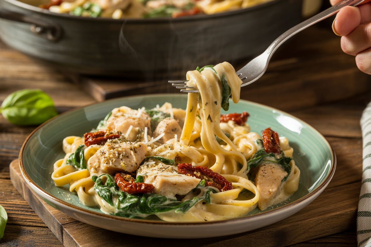 Create a realistic image of a steaming plate of creamy sun-dried tomato and spinach chicken pasta on a rustic wooden table, with a fork twirling some pasta, showing the rich, creamy sauce, vibrant red sun-dried tomatoes, wilted spinach, and tender chicken pieces, all garnished with fresh basil and grated parmesan, bathed in warm, inviting lighting that highlights the appetizing textures and colors.