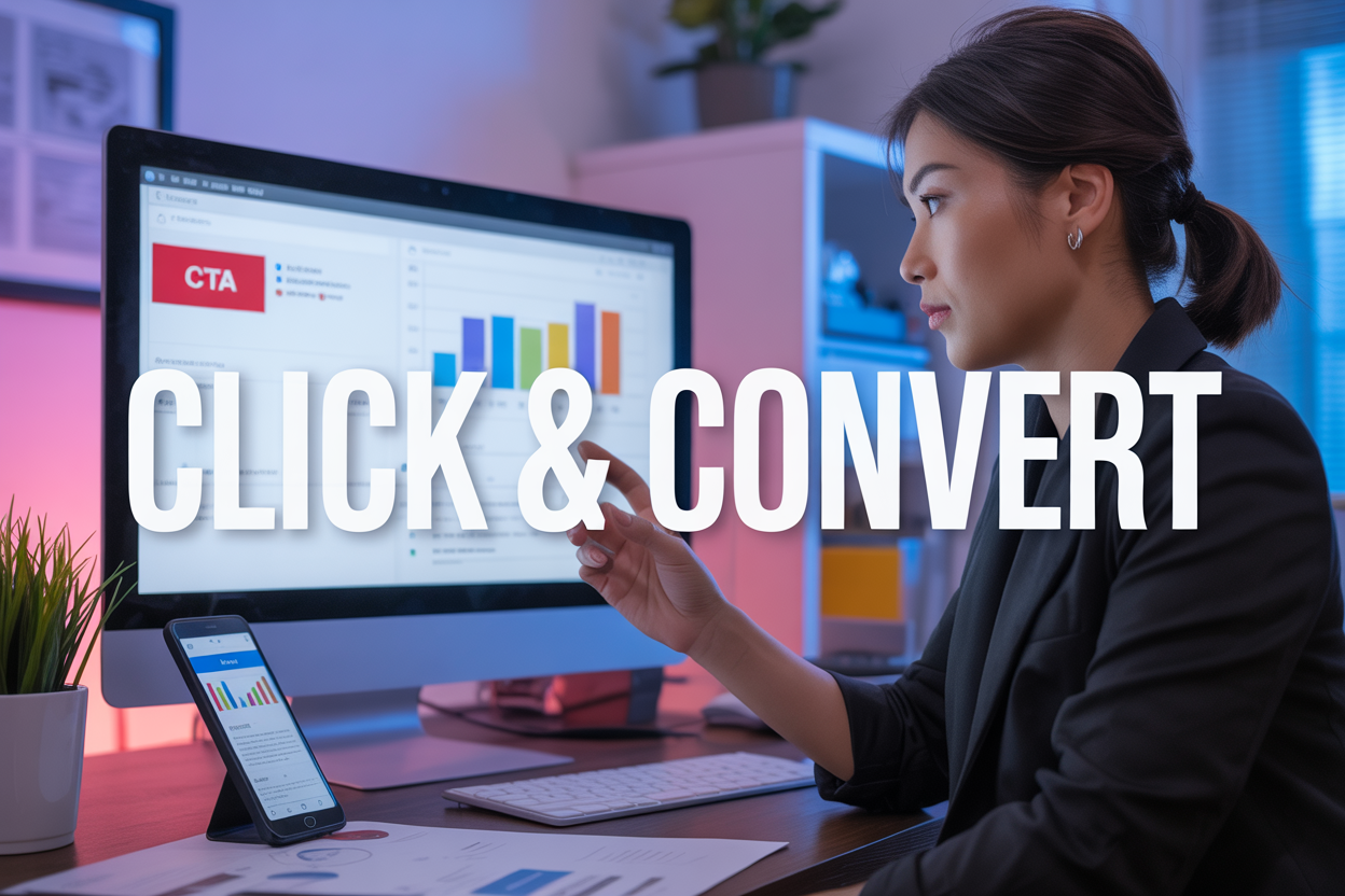 Create a realistic image of a professional digital marketer (Asian female) analyzing conversion data on a sleek computer screen displaying colorful analytics graphs and a clear CTA button, with a smartphone showing a landing page nearby, in a modern office setting with soft lighting, featuring the text "Click & Convert" prominently overlaid in a bold, modern font.