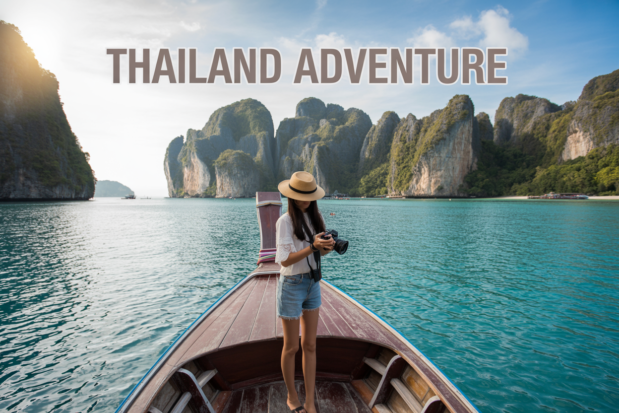 Create a realistic image of a young Asian female traveler standing on a long-tail boat in crystal clear turquoise waters of Thailand, with limestone karsts of Phi Phi Islands in the background, holding a camera, wearing a sun hat and summer clothes, with Maya Bay visible in the distance, golden sunlight creating a cinematic atmosphere, and text overlay saying "Thailand Adventure."