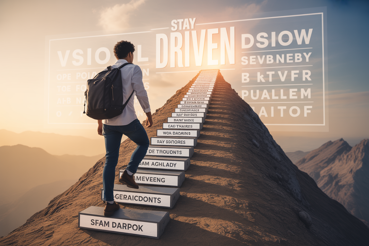 Create a realistic image of a determined young professional of ambiguous race and gender climbing a staircase made of stepping stones that gradually transform into a mountain peak, with each step labeled with small achievements, a vision board visible in the background showing their goals, warm motivational lighting creating a sense of optimism, and the text "STAY DRIVEN" appearing subtly in the corner of the image.