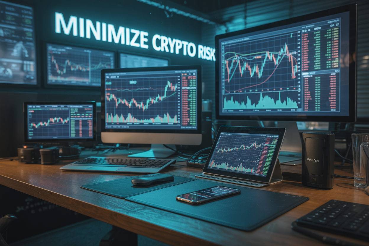 Create a realistic image of a diverse cryptocurrency portfolio visualization showing digital charts, graphs with upward and downward trends, and risk management tools on a professional trading desk setup with multiple screens displaying various crypto assets, a physical hardware wallet, and a smartphone running a portfolio tracking app, all bathed in a blue-green tech lighting atmosphere with the text "Minimize Crypto Risk" subtly integrated into the scene.