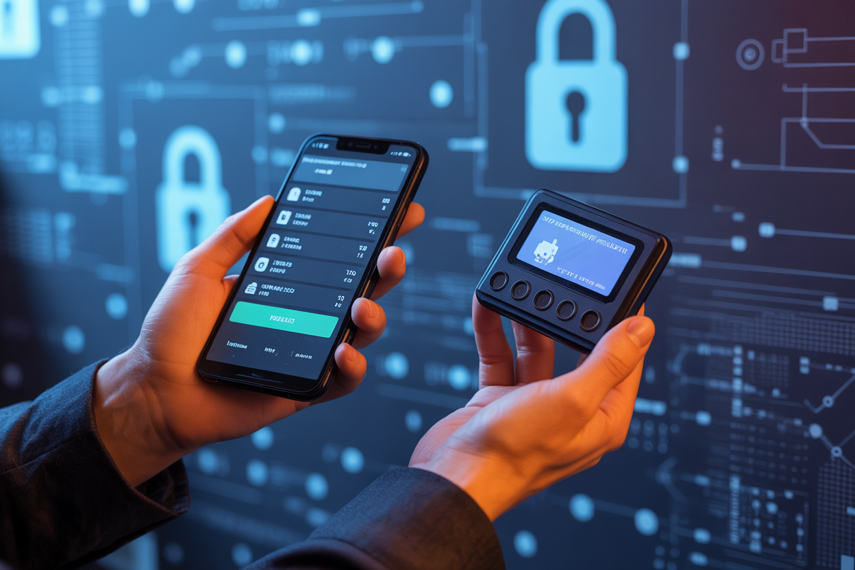 Create a realistic image of a person's hands holding both a smartphone displaying a digital crypto wallet interface (hot wallet) and a physical hardware wallet device with a small screen (cold wallet), against a background with digital security elements like locks and blockchain patterns, with soft blue lighting highlighting the cold wallet and warm orange glow around the hot wallet, conveying the concept of balance and dual security strategy.