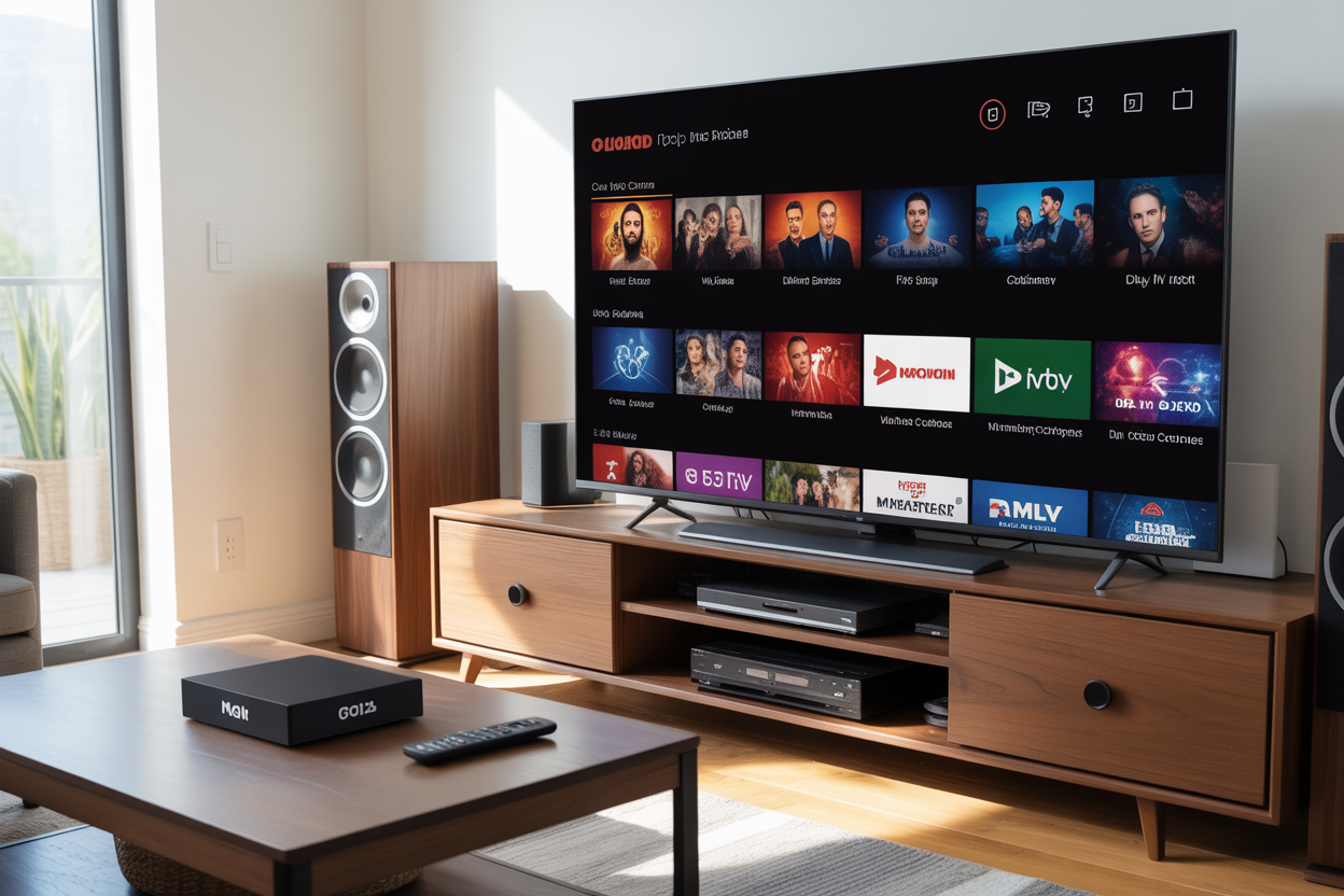 Create a realistic image of a modern living room setup with a MAG box streaming device connected to a large flat-screen TV displaying the Gold IPTV interface, showing various channel categories and live content. The MAG box should be prominently visible beside the TV with its remote control nearby on a coffee table. A home entertainment system with speakers complements the setup.