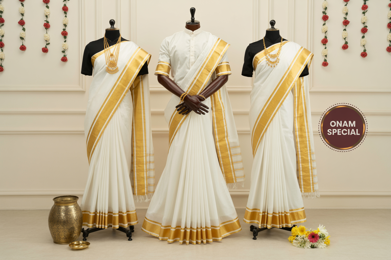 Create a realistic image of traditional Kerala kasavu sarees and mundu (white and gold bordered garments) displayed elegantly on mannequins, with a few traditional Onam accessories like jewelry and flowers nearby, against a clean background with subtle festival decorations, warm lighting highlighting the gold borders, and a small "Onam Special" tag visible in one corner.