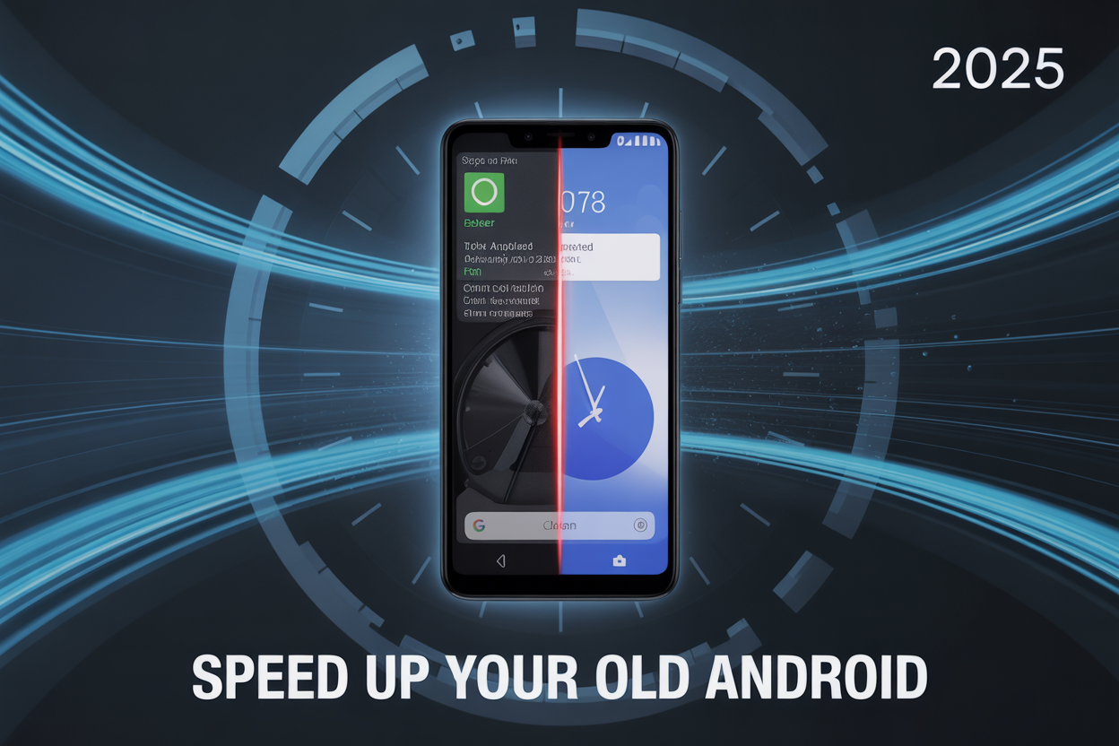 Create a realistic image of an older Android phone (circa 2020) floating in the center with a speed boost visual effect – blue light streaks emanating from its sides, with a split-screen effect showing the phone's interface before (cluttered, slow) and after (clean, organized) optimization. The background should feature subtle tech elements like circuit patterns and a digital clock showing 2025. Include the text "Speed Up Your Old Android" in a modern tech font at the bottom.