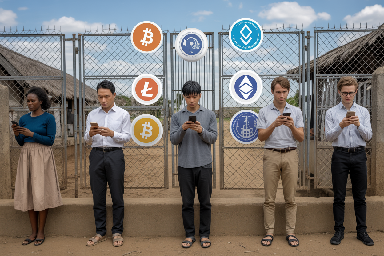 Create a realistic image of a diverse group of people (including Black female, Asian male, and White female) using smartphones to access digital financial services in a rural village setting, with cryptocurrency symbols and stablecoin logos floating above their screens, contrasted with CBDC symbols behind a barrier, illustrating global financial inclusion through decentralized digital currencies.