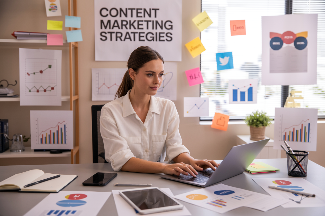 Create a realistic image of a modern office workspace with a white female marketer sitting at a desk working on a laptop, surrounded by content marketing elements including colorful charts and graphs on the wall, social media icons floating in the air, a smartphone and tablet on the desk, notebooks with strategy sketches, and marketing materials scattered around, with bright natural lighting from a window, creating an inspiring and productive atmosphere, with the text "Content Marketing Strategies" prominently displayed on a wall poster behind her.