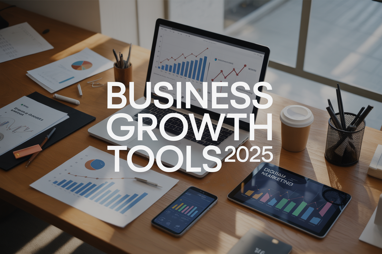 Create a realistic image of a modern office desk viewed from above showing a laptop computer with business growth charts on the screen, surrounded by essential business tools including a smartphone displaying analytics, a tablet with digital marketing dashboard, scattered business documents with upward trending graphs, a coffee cup, and modern office supplies, with soft natural lighting from a window creating gentle shadows, and overlay text reading "Business Growth Tools 2025" in clean, professional typography.