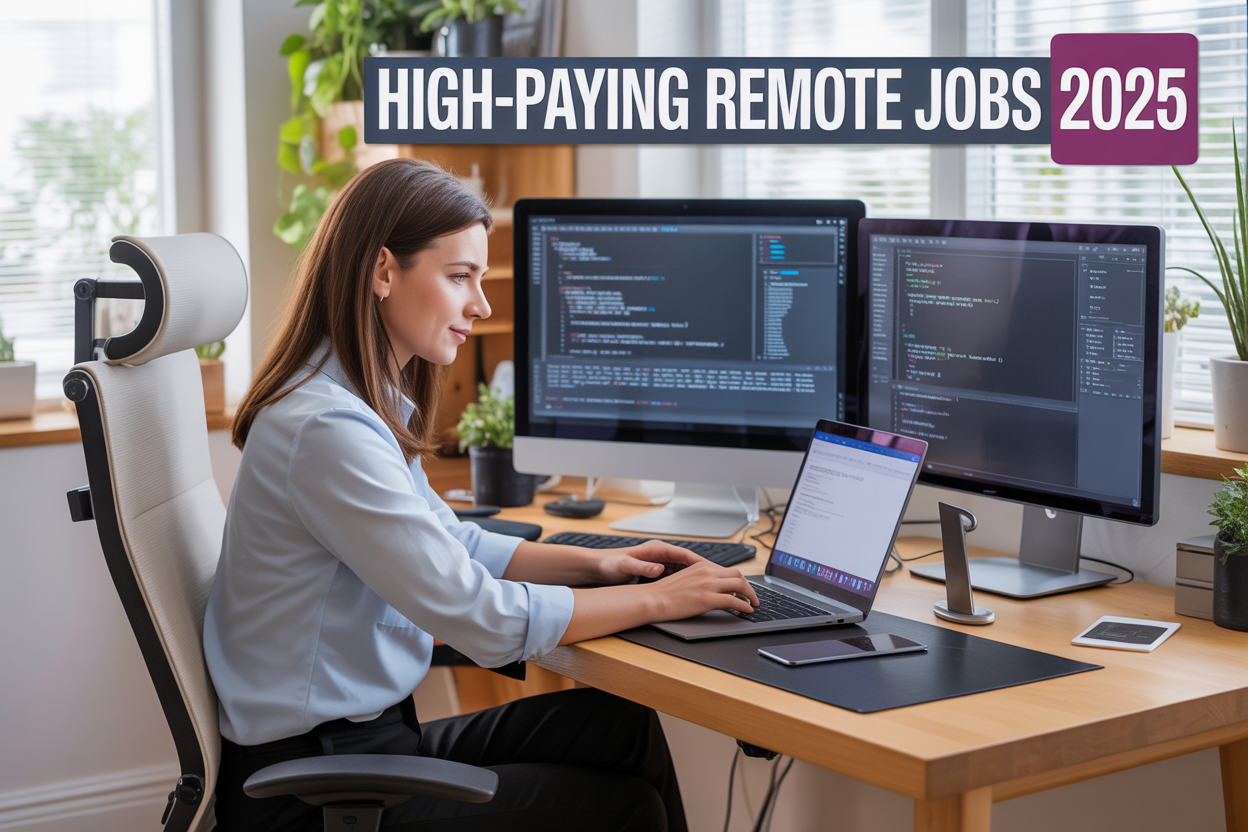Create a realistic image of a modern home office setup with a white female professional working on a laptop at a clean wooden desk, surrounded by multiple computer monitors displaying code and design software, with a comfortable ergonomic chair, good natural lighting from a window, plants in the background, and floating text overlay reading "High-Paying Remote Jobs 2025" in bold, professional typography.