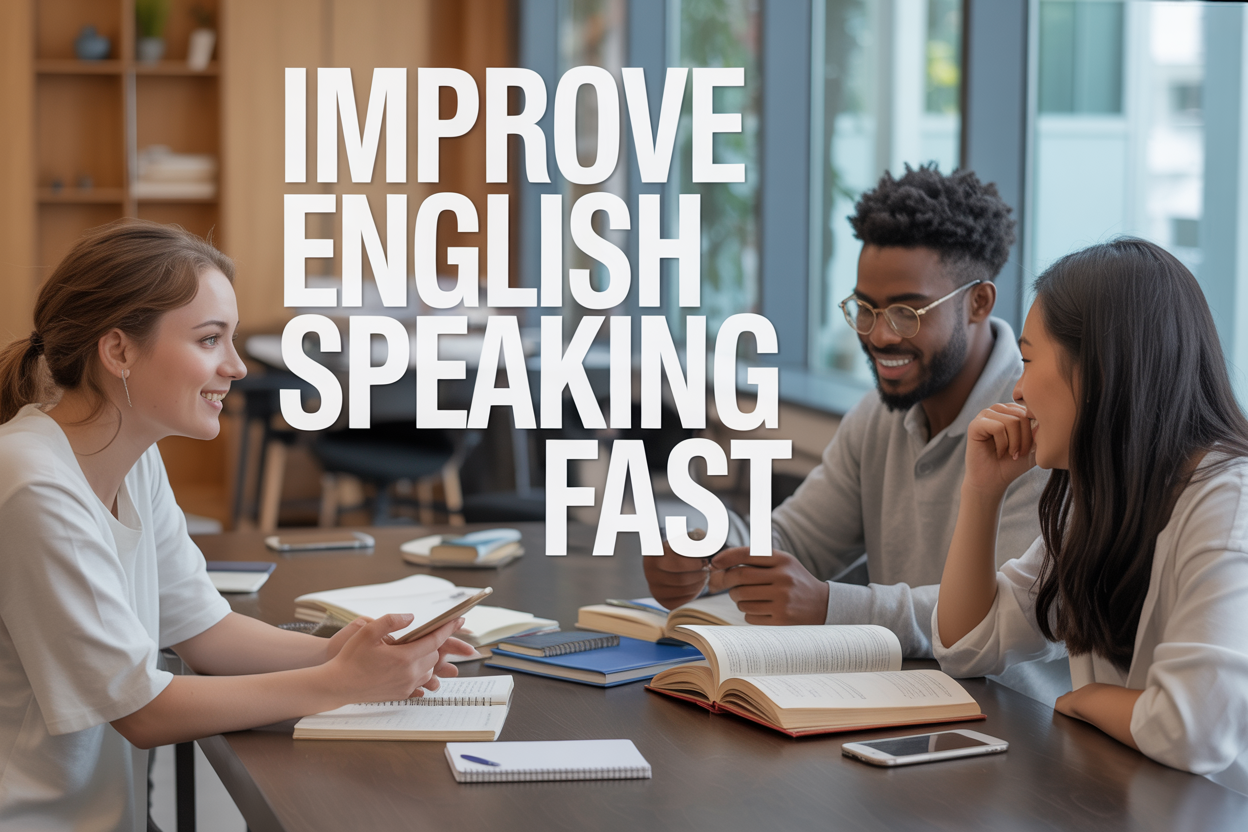 Create a realistic image of a diverse group of three people - a white female, a black male, and an Asian female - sitting around a modern wooden table in a bright, contemporary classroom or study space, actively engaged in English conversation practice with open books, notebooks, and smartphones visible on the table, warm natural lighting from large windows in the background, with the text "Improve English Speaking Fast" prominently displayed in bold, modern typography overlaying the top portion of the image, conveying an atmosphere of focused learning and progress.