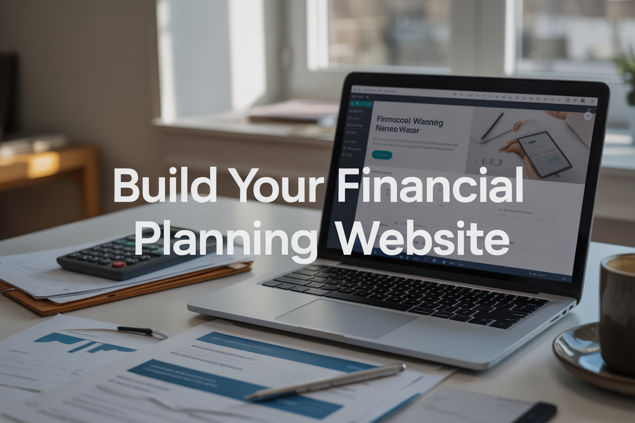 Create a realistic image of a modern laptop computer displaying a WordPress website builder interface with financial planning website elements visible on the screen, surrounded by professional items including a calculator, financial documents, and a coffee cup on a clean white desk, with soft natural lighting from a window creating a professional workspace atmosphere, and overlay text reading "Build Your Financial Planning Website" in modern sans-serif font.