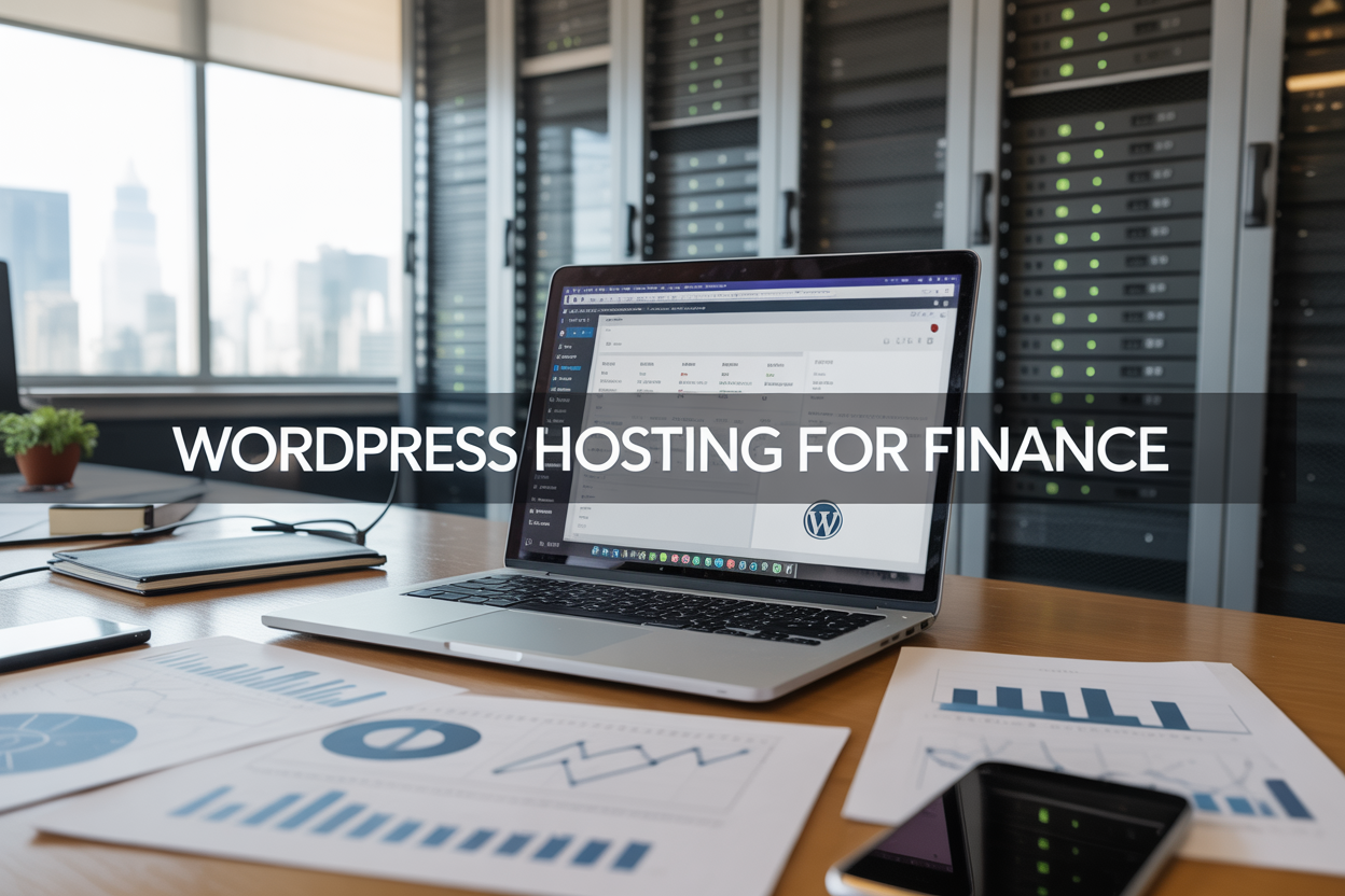 Create a realistic image of a modern office desk with a laptop displaying WordPress dashboard interface, surrounded by financial documents, charts, and banking icons, with server towers visible in the background representing web hosting infrastructure, professional lighting with a clean white and blue color scheme, and the text "WordPress Hosting for Finance" prominently displayed on a sleek banner or overlay in the image.
