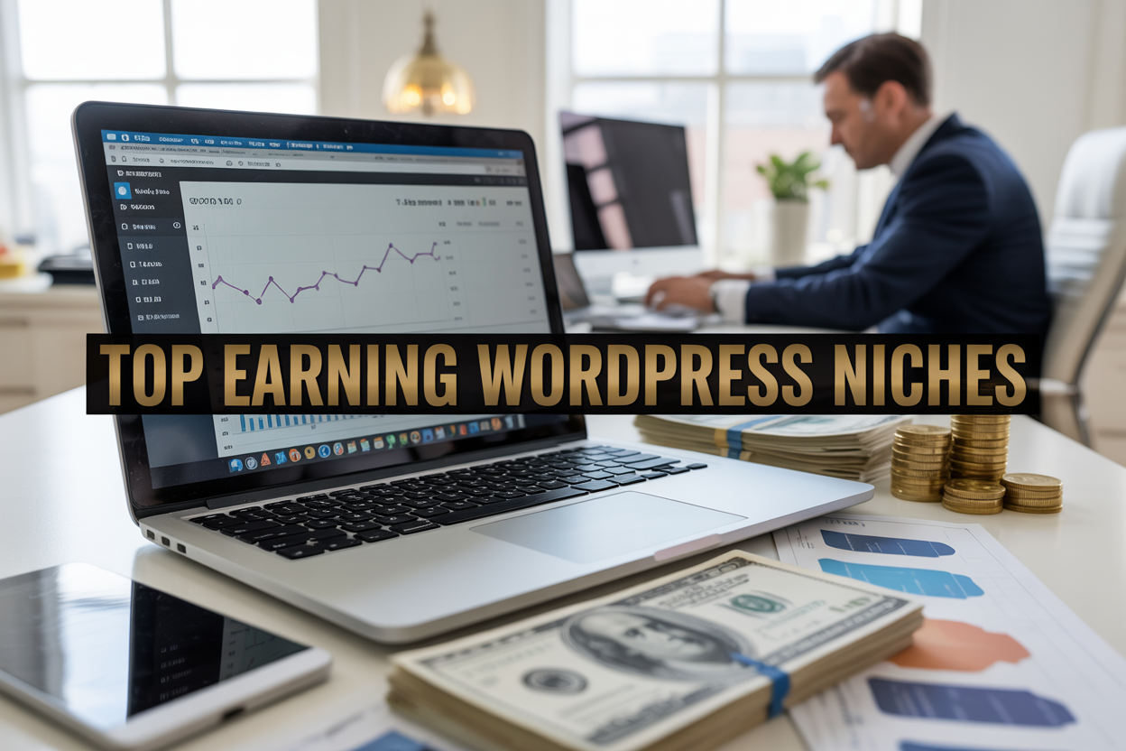 Create a realistic image of a modern laptop displaying a WordPress dashboard with financial charts and graphs on the screen, surrounded by stacks of dollar bills and gold coins on a clean white desk, with a professional white male in a business suit visible in the background working at another computer, bright office lighting, and bold text overlay reading "TOP EARNING WORDPRESS NICHES" in gold lettering, conveying success and profitability in the digital marketing space.