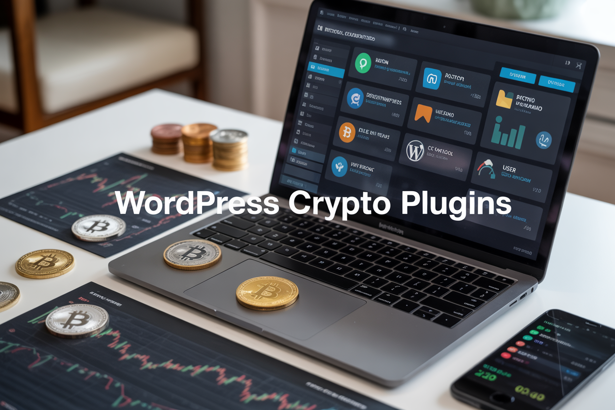Create a realistic image of a modern laptop screen displaying a WordPress dashboard with cryptocurrency and investment-related plugin icons, including Bitcoin symbols, portfolio charts, and user management interfaces, surrounded by physical Bitcoin coins, financial charts, and a smartphone showing crypto prices on a clean white desk, with soft professional lighting and the text "WordPress Crypto Plugins" overlaid on the screen.