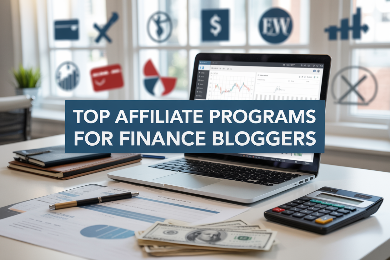 Create a realistic image of a modern workspace featuring a laptop displaying a WordPress dashboard with financial charts and graphs on the screen, surrounded by financial documents, a calculator, and dollar bills scattered on a clean white desk, with a subtle background showing blurred finance-related icons like credit cards, investment symbols, and insurance logos, under bright natural lighting from a window, with the text "Top Affiliate Programs for Finance Bloggers" prominently displayed as an overlay in professional blue and white typography.