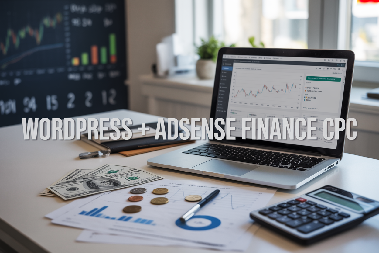 Create a realistic image of a modern workspace with a laptop displaying a WordPress dashboard with Google AdSense integration, showing financial charts and graphs on the screen, alongside scattered dollar bills and coins, a calculator, and financial documents on a clean white desk, with a subtle background of blurred financial data visualizations, bright natural lighting from a window, conveying a professional and successful atmosphere, with the text "WordPress + AdSense Finance CPC" prominently displayed as an overlay on the image.
