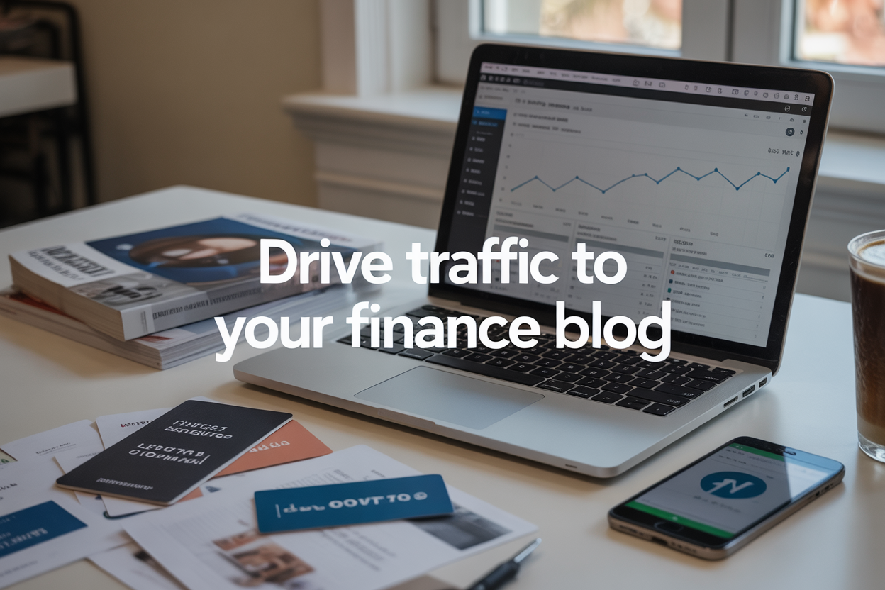 Create a realistic image of a modern workspace setup featuring a laptop displaying a WordPress dashboard with finance blog analytics showing upward trending graphs, surrounded by complementary elements including a smartphone showing social media engagement, scattered business cards representing partnerships, a stack of financial magazines, and a coffee cup, set against a clean white desk background with soft natural lighting from a window, creating a professional and inspiring mood that conveys digital marketing success, with the text "Drive Traffic to Your Finance Blog" prominently displayed in modern sans-serif font overlay.