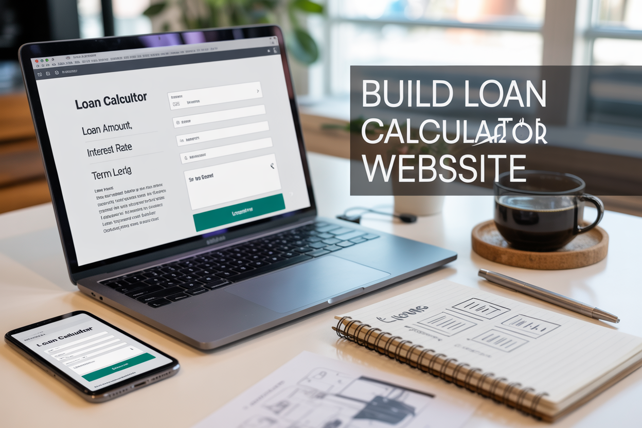 Create a realistic image of a modern laptop computer displaying a WordPress website interface with a loan calculator form on the screen, showing input fields for loan amount, interest rate, and term length, alongside a smartphone displaying the mobile version of the same calculator, placed on a clean white desk with a coffee cup, notepad with sketched wireframes, and a pen, with soft natural lighting from a window, and overlay text reading "Build Loan Calculator Website" in modern sans-serif font.