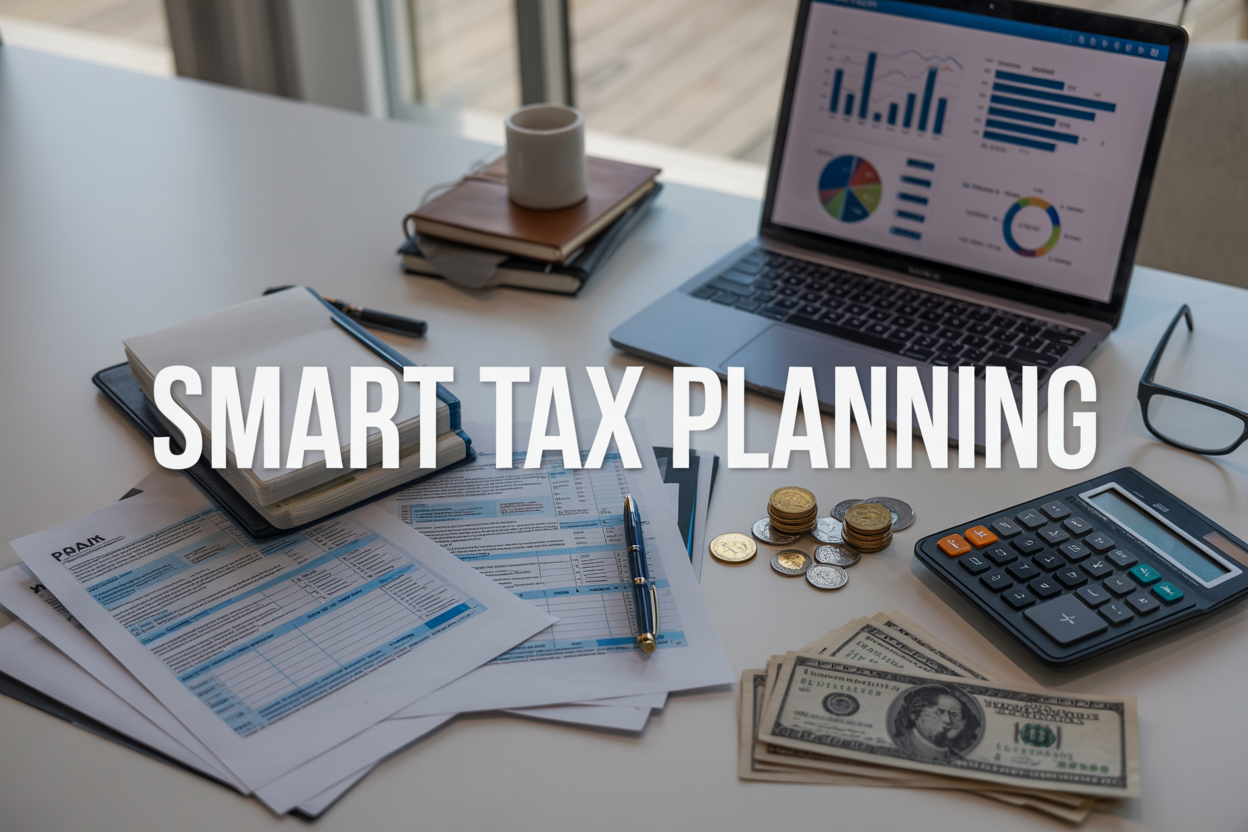 Create a realistic image of a modern office desk from above showing financial documents, tax forms, a calculator, a laptop displaying charts and graphs, scattered coins and dollar bills, a pen, and reading glasses, with the text "SMART TAX PLANNING" prominently displayed across the center, set against a clean white desk surface with soft natural lighting from a window, conveying a professional and organized atmosphere for financial planning and tax strategy.