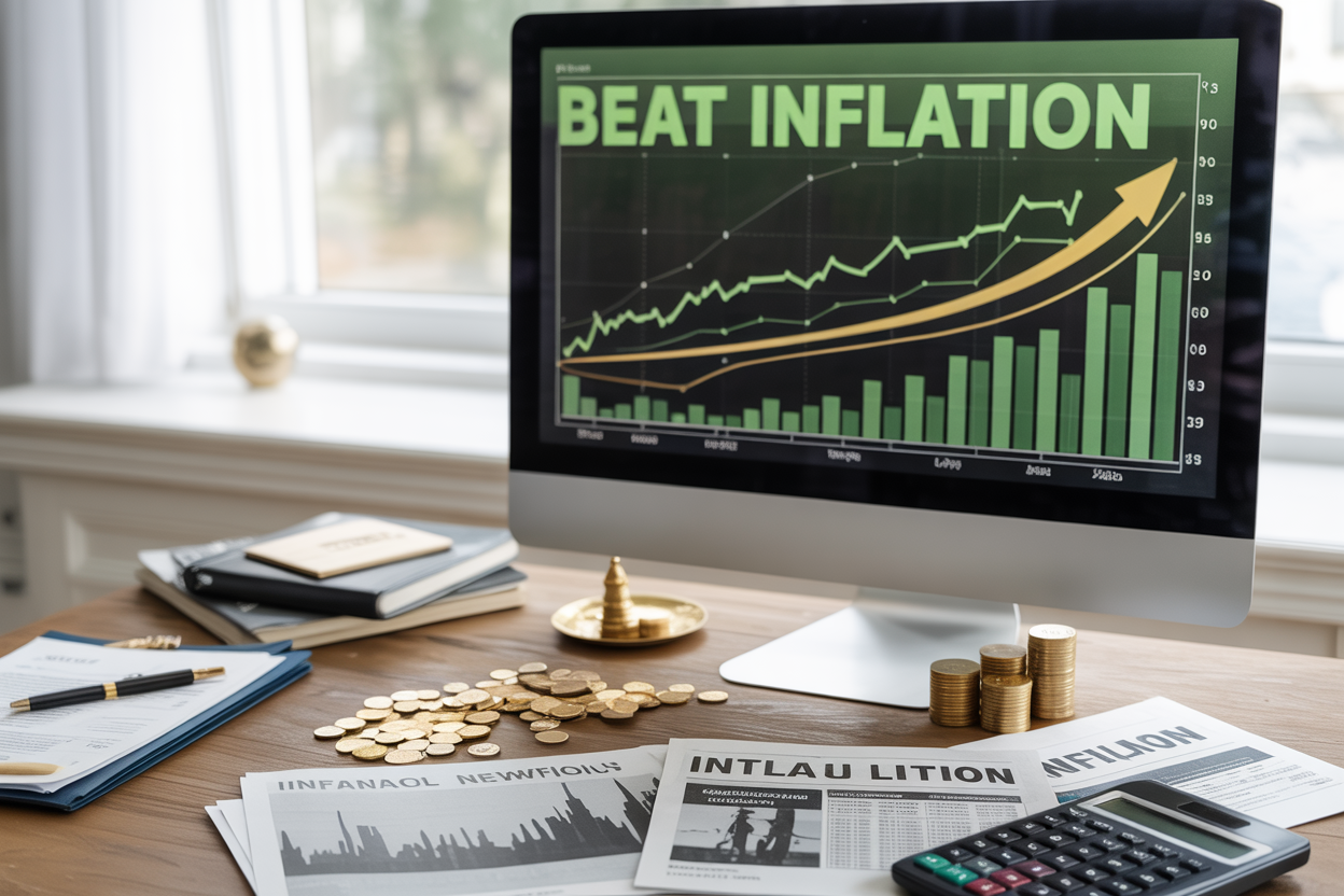Create a realistic image of a modern financial workspace with a computer screen displaying upward trending charts and graphs in green and gold colors, scattered around the desk are gold coins, real estate documents, and stock certificates, with a calculator and financial newspapers showing inflation headlines, soft natural lighting from a window, professional and optimistic mood, with the text "BEAT INFLATION" prominently displayed on the computer screen.