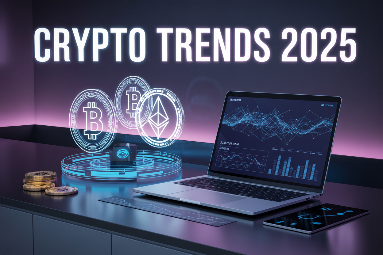 Create a realistic image of a futuristic digital workspace with holographic cryptocurrency symbols (Bitcoin, Ethereum) floating above a sleek desk, a modern laptop displaying blockchain network visualizations and DeFi interface charts, subtle blue and purple neon lighting creating a high-tech atmosphere, digital currency coins scattered on the surface, and the text "CRYPTO TRENDS 2025" prominently displayed in bold, glowing letters across the top of the image, with a dark gradient background suggesting innovation and technological advancement.