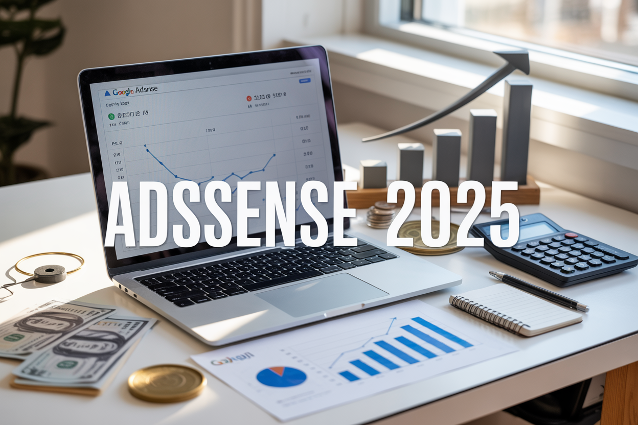 Create a realistic image of a modern workspace showing a laptop computer displaying Google AdSense dashboard with revenue graphs and statistics on the screen, surrounded by financial elements like dollar bills, coins, and upward trending charts, with a calculator and notepad nearby, set on a clean white desk with soft natural lighting from a window, featuring the text "AdSense 2025" prominently displayed, conveying a professional and successful online earning atmosphere.