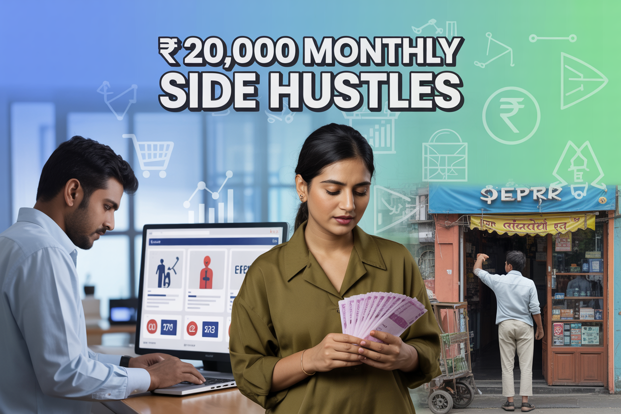 Create a realistic image of a diverse group showing an Indian male working on a laptop with e-commerce graphics on screen, an Indian female counting rupee notes, and a young Indian male serving customers at a small local shop, all arranged in a split-screen composition with modern office lighting, accompanied by floating icons of shopping carts, investment charts, and rupee symbols, with the text "₹20,000 Monthly Side Hustles" prominently displayed in bold modern font at the top, set against a clean gradient background transitioning from blue to green.