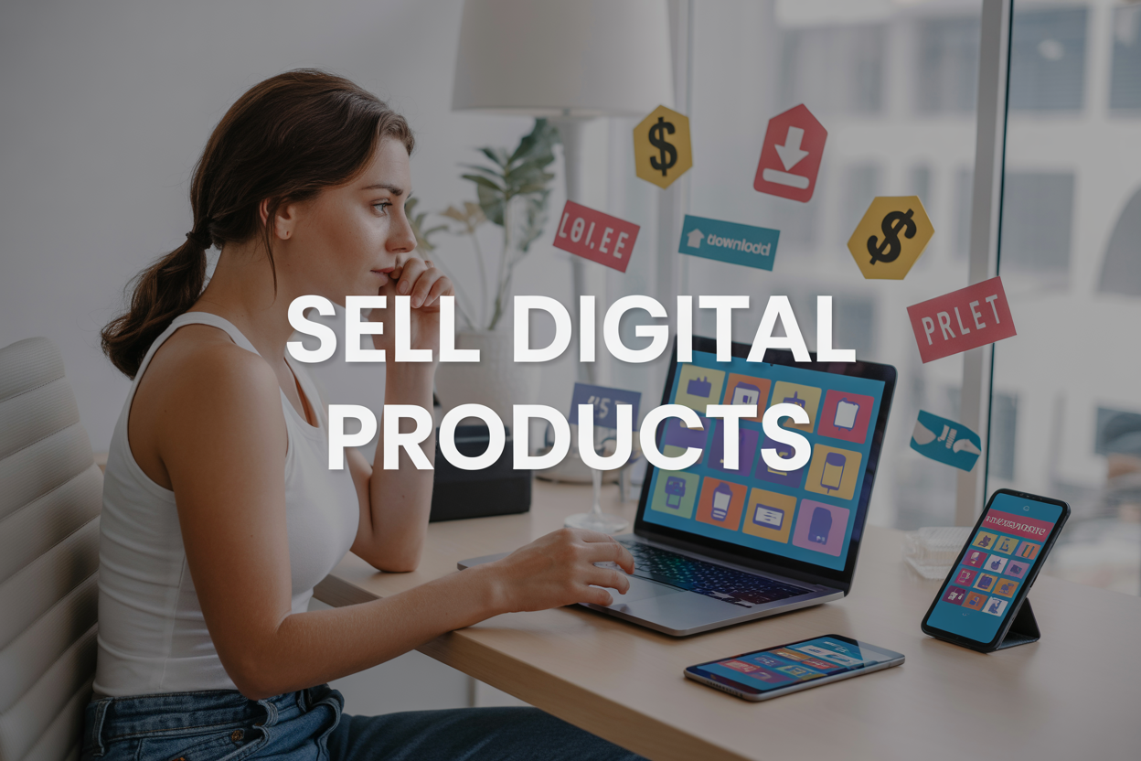 Create a realistic image of a modern workspace with a white female entrepreneur sitting at a clean desk with a laptop displaying colorful digital product icons on the screen, surrounded by floating elements including dollar signs, download symbols, and price tags, with a smartphone and tablet showing online store interfaces nearby, set against a bright minimalist background with soft natural lighting, and include the text "SELL DIGITAL PRODUCTS" prominently displayed in modern sans-serif font overlay.