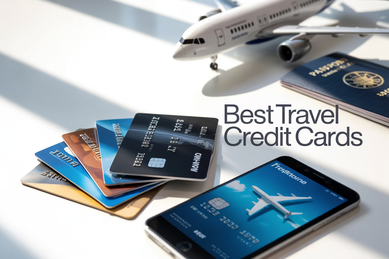 Create a realistic image of multiple premium travel credit cards fanned out on a clean white surface next to a smartphone displaying a flight booking app, with a miniature airplane model and passport in the background, soft natural lighting from above, and the text "Best Travel Credit Cards" elegantly overlaid in modern sans-serif font, conveying a professional and aspirational mood for frequent travelers.