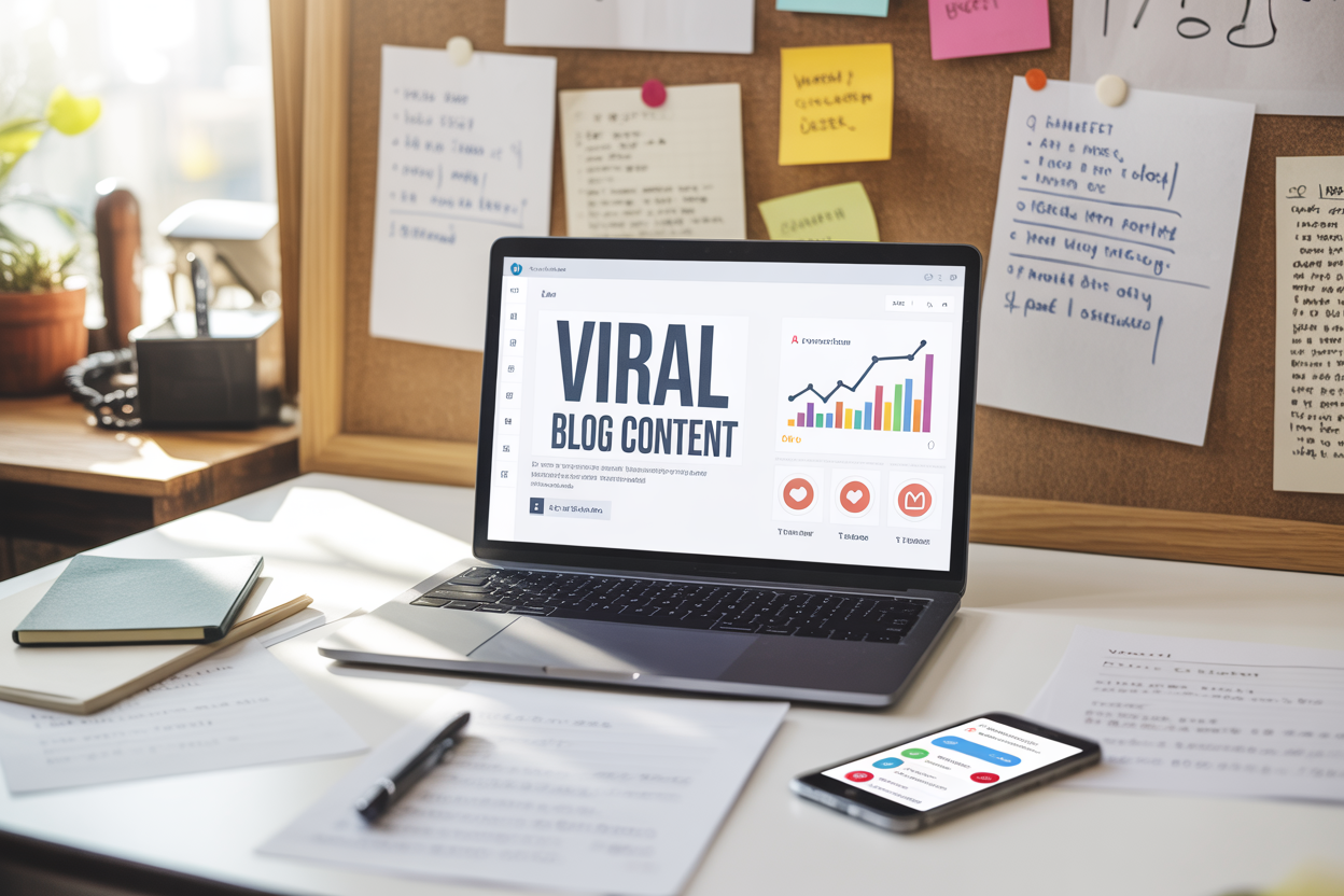 Create a realistic image of a modern laptop computer open on a clean white desk displaying a blog analytics dashboard with upward trending graphs and viral share icons, surrounded by scattered sheets of paper with handwritten notes about headlines and content structure, a smartphone showing social media engagement notifications, colorful sticky notes on the wall behind featuring content ideas, warm natural lighting from a nearby window, with the text "VIRAL BLOG CONTENT" prominently displayed on the laptop screen in bold modern typography.