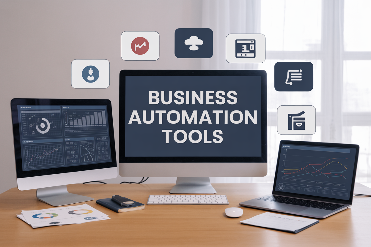 Create a realistic image of a modern desk setup with multiple computer screens displaying automation dashboards, charts, and workflow diagrams, surrounded by floating digital icons representing marketing tools, e-commerce platforms, and financial systems, with a sleek laptop showing colorful analytics graphs, against a clean minimalist background with soft natural lighting from a window, including the text "Business Automation Tools" prominently displayed in modern typography.