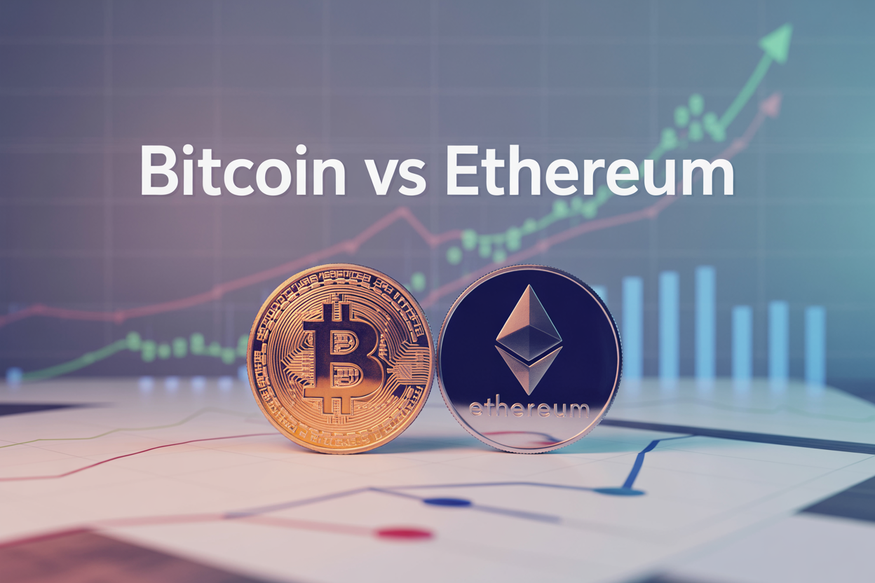 Create a realistic image of Bitcoin and Ethereum cryptocurrency coins positioned side by side on a clean white surface with subtle shadows, showing the distinctive orange Bitcoin logo and purple Ethereum diamond symbol clearly visible, accompanied by upward trending financial charts and graphs in the background displaying green and blue color schemes, with soft professional lighting and the text "Bitcoin vs Ethereum" prominently displayed in modern sans-serif font above the coins, creating a clean financial comparison theme suitable for investment analysis.