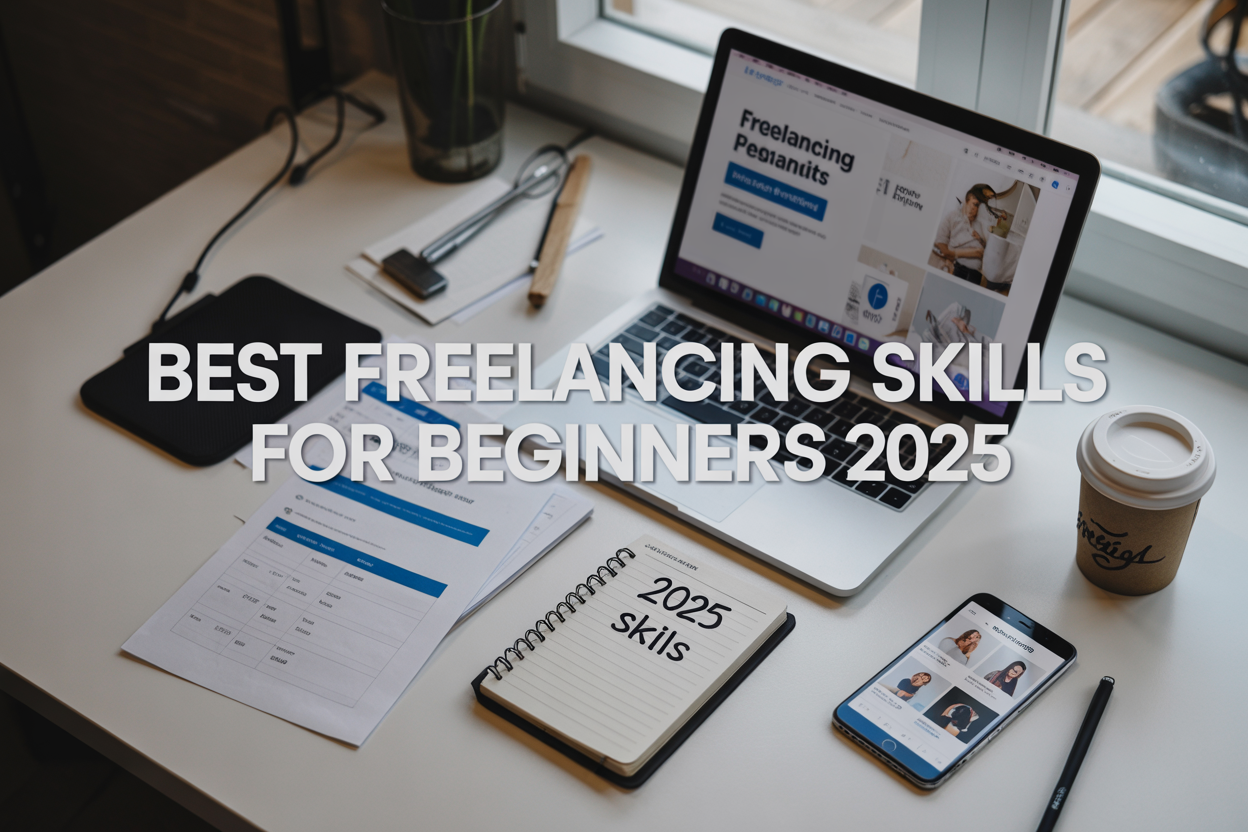 Create a realistic image of a modern workspace desk from above showing a laptop computer with freelancing website open on screen, scattered documents with skill charts and pricing guides, a notepad with "2025 Skills" written on it, a smartphone displaying portfolio examples, a coffee cup, and professional stationary items, with soft natural lighting from a window, clean white desk surface, and the text "Best Freelancing Skills for Beginners 2025" prominently displayed in modern typography overlay.