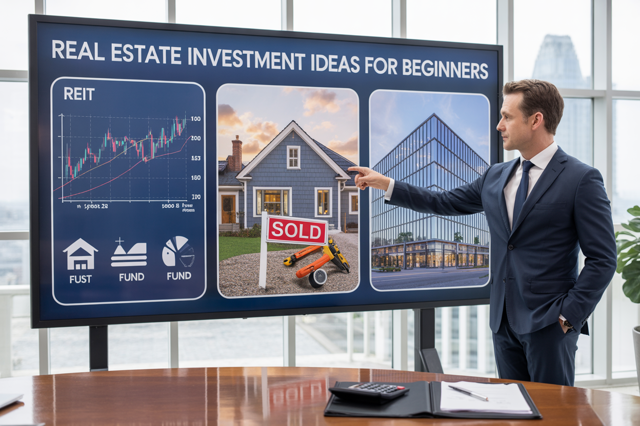 Create a realistic image of a modern financial consultation scene with a white male financial advisor in a navy suit pointing to a large wall-mounted display showing three distinct real estate investment options: REIT stock charts and fund logos on the left, a house with renovation tools and "SOLD" sign in the center, and a sleek commercial building on the right, with the text "Real Estate Investment Ideas for Beginners" prominently displayed at the top of the display, set in a bright, professional office environment with natural lighting from large windows, calculator and investment documents visible on a polished wooden desk in the foreground.