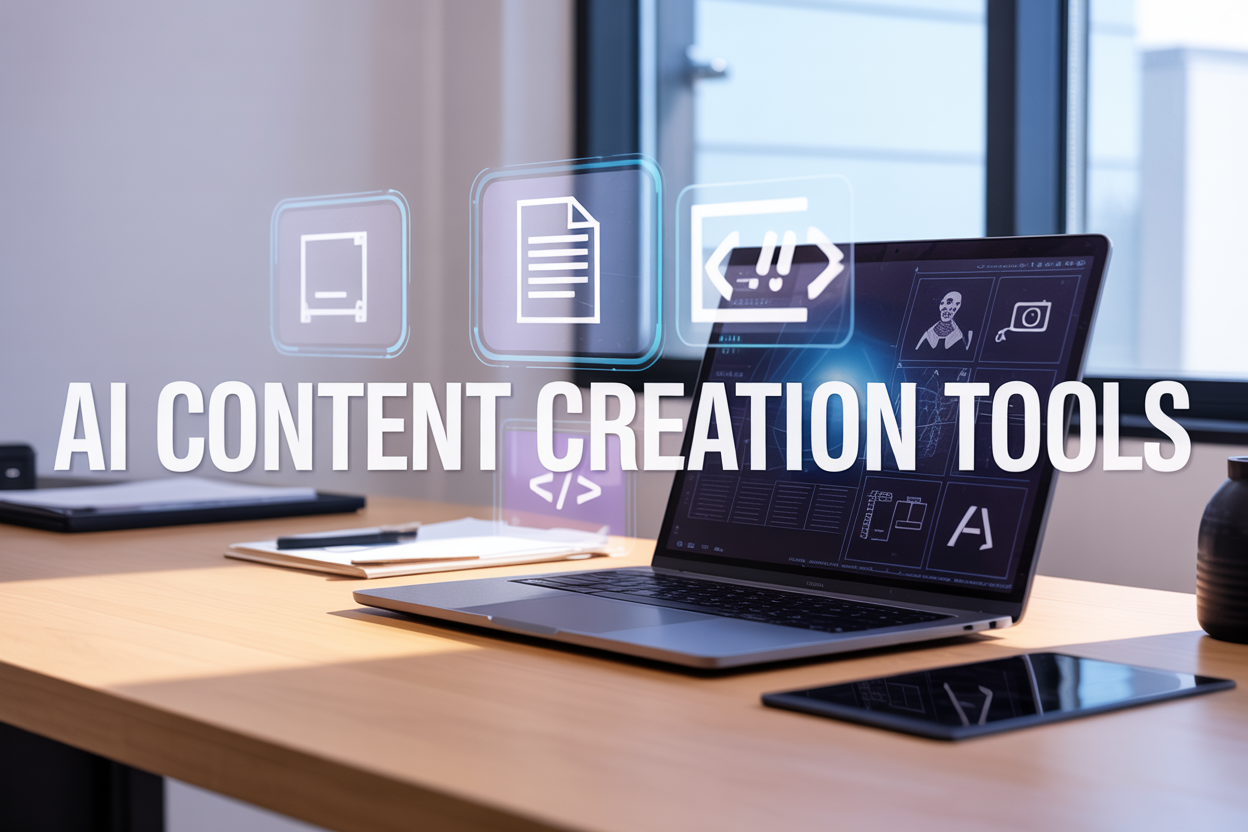 Create a realistic image of a modern workspace featuring a sleek laptop computer displaying multiple AI tool interfaces on the screen, surrounded by floating holographic icons representing text generation (document symbol), visual content creation (camera and design tools), and code generation (coding brackets), with a clean white desk surface, soft natural lighting from a window, and the text "AI Content Creation Tools" prominently displayed in modern typography overlay, set against a minimalist office background with subtle blue and purple accent lighting to convey innovation and technology.