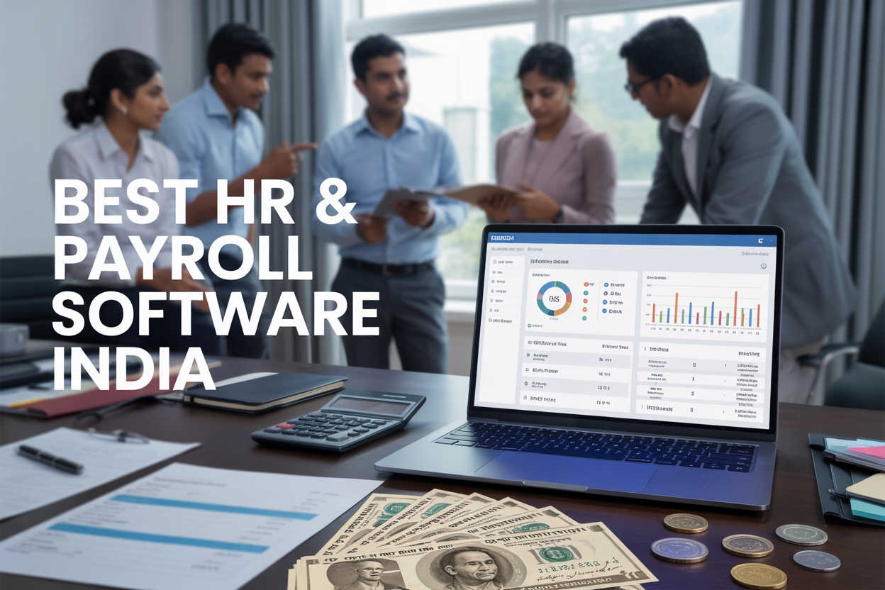 Create a realistic image of a modern office desk with a sleek laptop displaying colorful HR dashboard interface with employee data charts and payroll statistics, surrounded by Indian rupee notes and coins, a calculator, and official documents, with a diverse group of Indian business professionals (both male and female, South Asian) in the blurred background discussing in a contemporary office setting, soft natural lighting from a window, professional corporate atmosphere, with the text "Best HR & Payroll Software India" prominently displayed in modern sans-serif font overlay on the upper portion of the image.