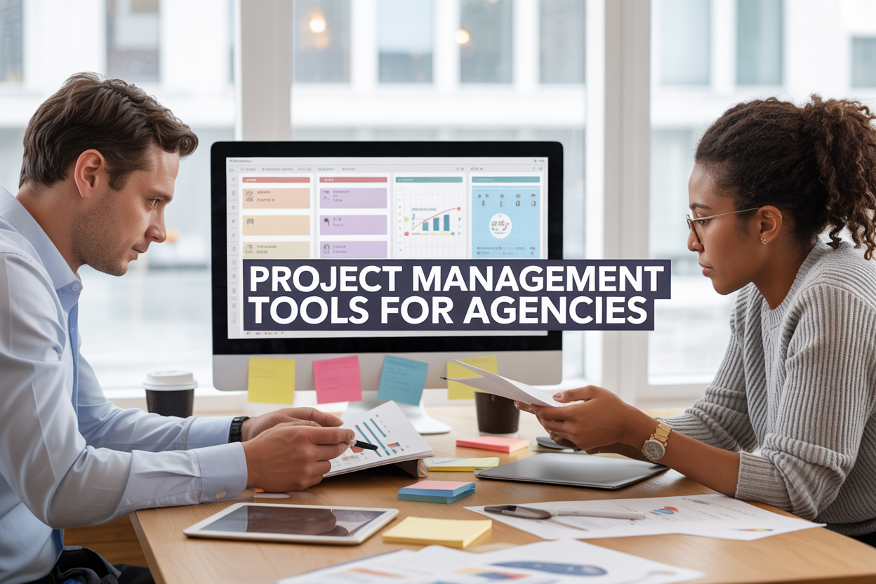 Create a realistic image of a modern office workspace with a large computer monitor displaying colorful project management dashboard with task boards, timeline charts, and team collaboration tools, surrounded by a white male project manager and a black female team member reviewing documents, with sticky notes, tablets, and coffee cups on a clean wooden desk, bright natural lighting from large windows, professional and productive atmosphere, with text overlay "Project Management Tools for Agencies" in bold modern typography.