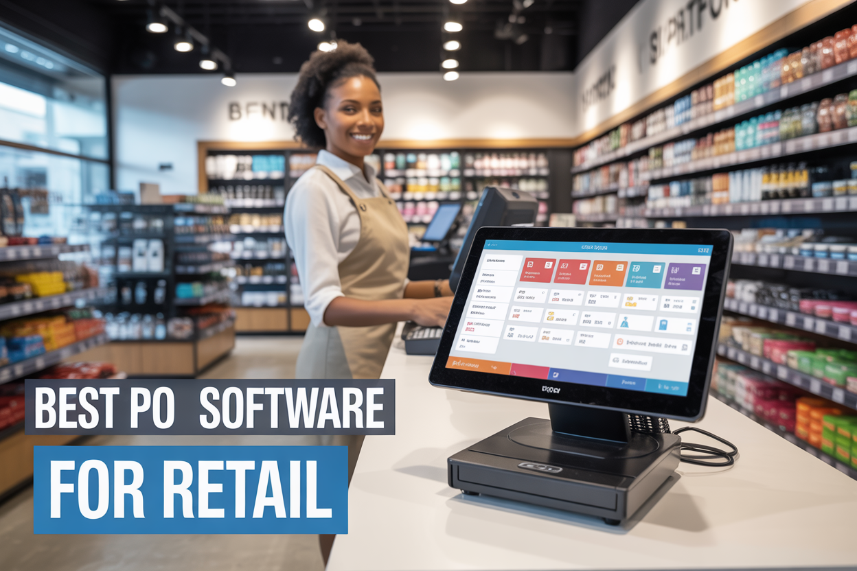 Create a realistic image of a modern retail store interior with a sleek POS terminal prominently displayed on a white counter, showing a colorful touchscreen interface with product categories and payment options, surrounded by neatly arranged merchandise shelves in the background, with a black female store employee standing behind the counter smiling while operating the system, bright LED lighting illuminating the clean and organized space, and bold text overlay reading "Best POS Software for Retail" in professional blue and white typography.