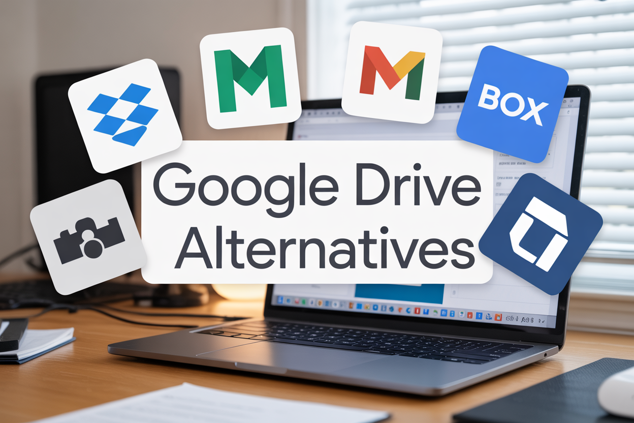 Create a realistic image of a modern computer desktop setup with multiple cloud storage icons floating above the screen including Dropbox, Mega, and Box logos, with a sleek laptop displaying file folders and documents, professional lighting with a clean white background, and the text "Google Drive Alternatives" prominently displayed in modern sans-serif font, conveying a tech-savvy and organized digital workspace atmosphere.