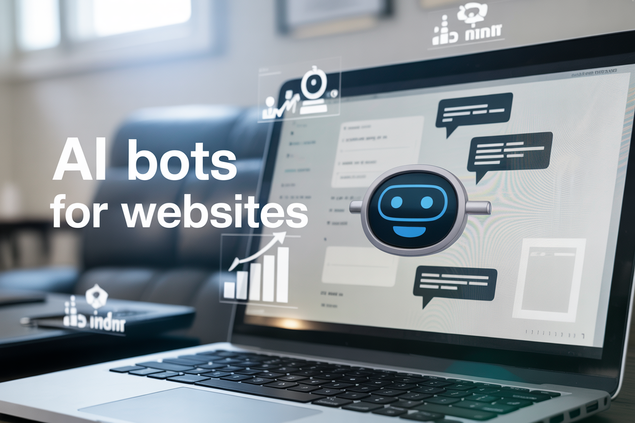 Create a realistic image of a modern website interface displayed on a laptop screen showing a sleek chatbot widget in the bottom right corner with speech bubbles containing friendly conversation, surrounded by upward trending revenue charts and business growth icons floating around the screen, with a clean white background and soft blue accent lighting, including the text "AI Bots for Websites" overlaid in modern sans-serif font.