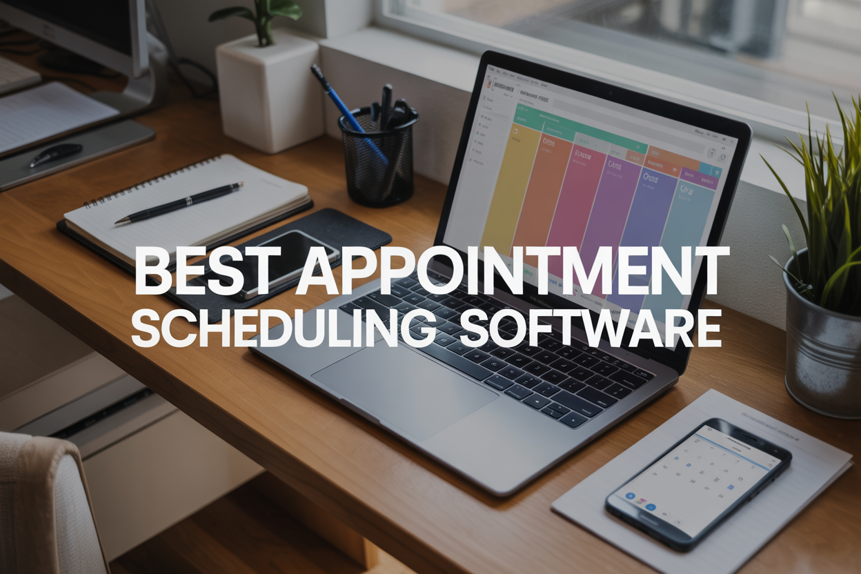 Create a realistic image of a modern office workspace with a sleek laptop computer displaying a colorful appointment scheduling software interface on the screen, surrounded by organized desk accessories including a smartphone showing calendar notifications, a clean white notepad with pen, and a small potted plant, all arranged on a light wooden desk surface with soft natural lighting from a window, featuring the text "Best Appointment Scheduling Software" prominently displayed in modern sans-serif font overlay, conveying a professional and efficient business atmosphere with a clean, minimalist aesthetic.
