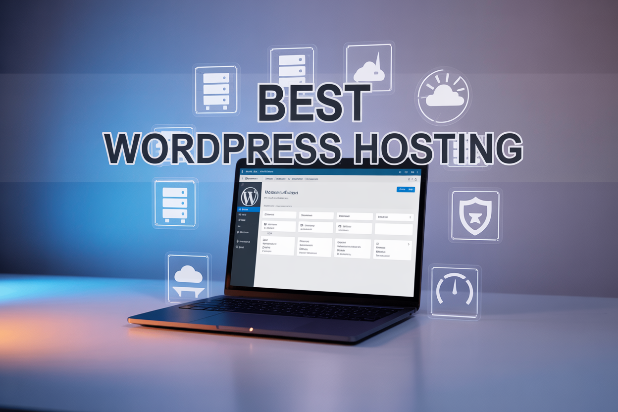 Create a realistic image of a modern computer setup with a sleek laptop displaying a WordPress dashboard on the screen, surrounded by floating holographic icons representing different web hosting features like server towers, cloud symbols, speed gauges, and security shields, set against a clean gradient background transitioning from deep blue to light gray, with soft ambient lighting creating a professional tech atmosphere, and the text "Best WordPress Hosting" prominently displayed in bold, modern typography overlaying the top portion of the image.