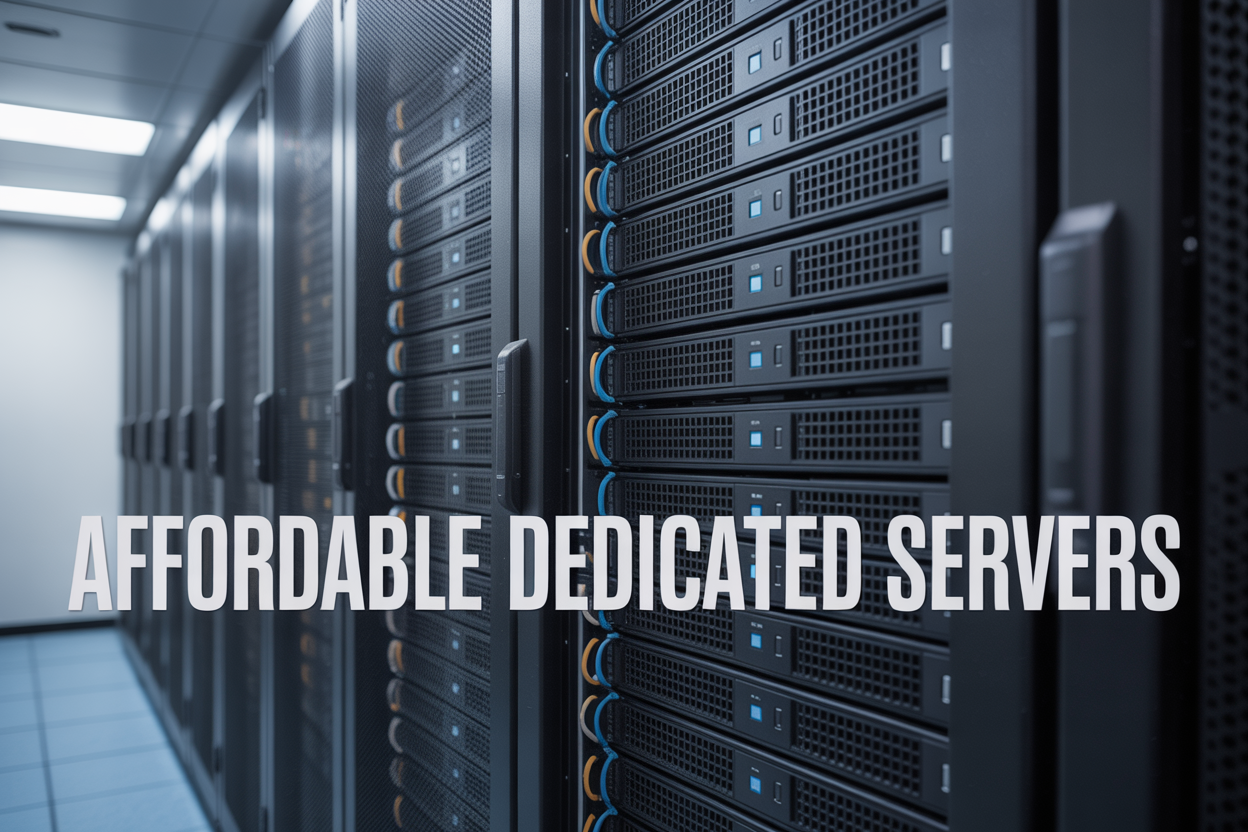Create a realistic image of a modern server rack with multiple black dedicated servers stacked vertically, featuring blue LED indicators and ethernet cables, placed in a clean data center environment with a subtle blue-tinted background, soft professional lighting illuminating the servers from above, with the text "AFFORDABLE DEDICATED SERVERS" displayed prominently in bold white letters across the bottom portion of the image, conveying a professional yet budget-conscious technology atmosphere.