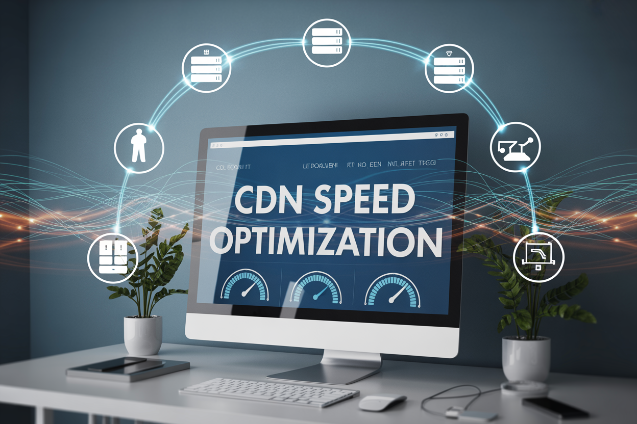 Create a realistic image of a modern computer monitor displaying a website with fast loading indicators and speed meters, surrounded by connected server icons and network nodes with glowing data transmission lines, against a clean tech background with subtle blue and white colors, featuring the text "CDN Speed Optimization" prominently displayed on the screen, with a professional lighting setup that emphasizes the digital connectivity theme.
