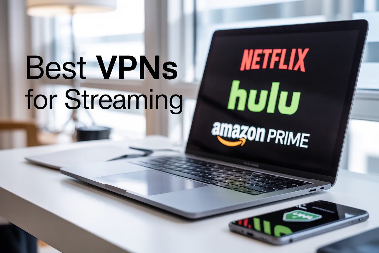 Create a realistic image of a modern laptop computer displaying multiple streaming service logos (Netflix, Hulu, Amazon Prime) on the screen, with a smartphone beside it showing a VPN connection interface with a shield icon, set on a clean white desk with soft natural lighting from a window, creating a secure and professional atmosphere, with the text "Best VPNs for Streaming" elegantly overlaid in the upper portion of the image.